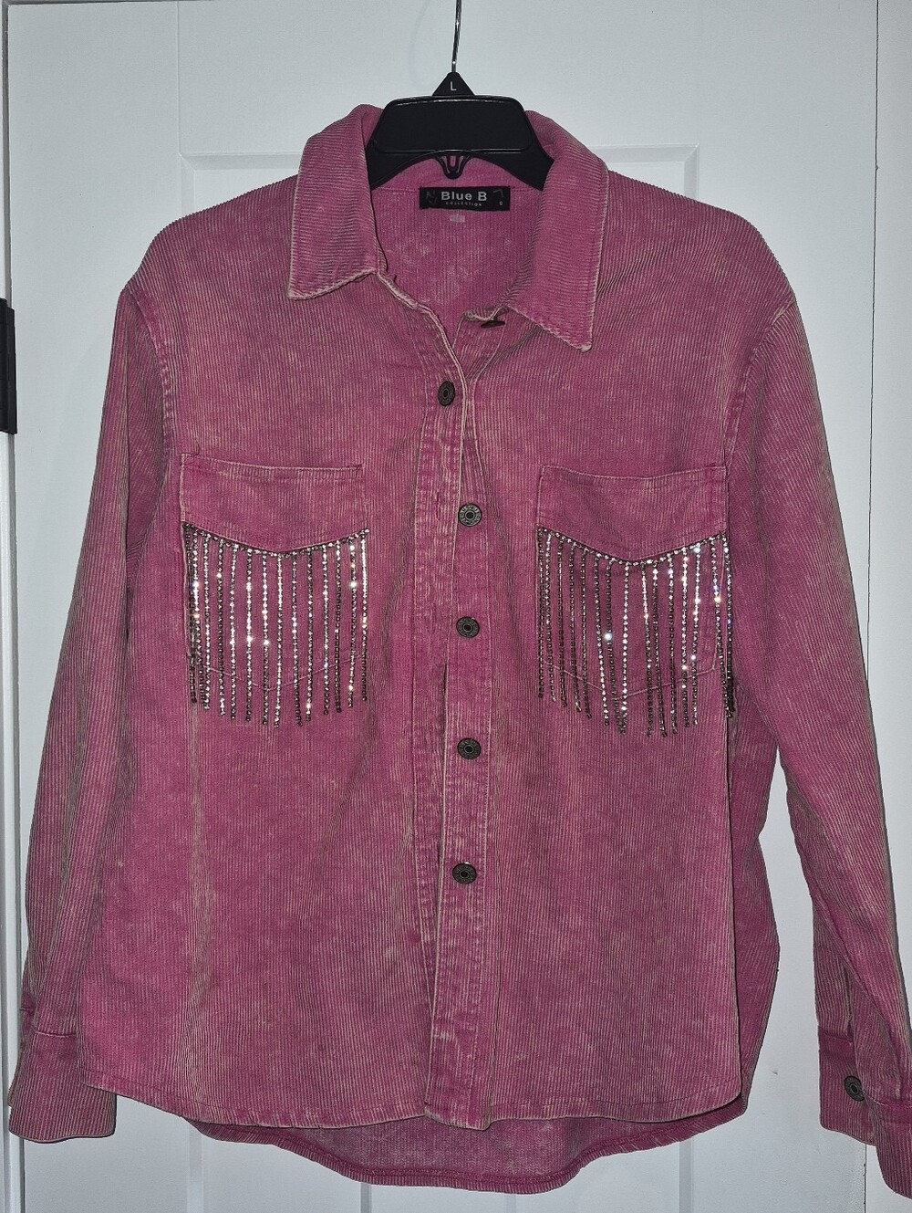 Blue B Pink Corduroy Jacket with Rhinestone Pocket Fringe